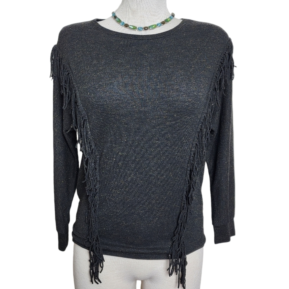 Jessica Simpson Round Neck Quarter Sleeve Black Fringe Gold Tread Top Size L